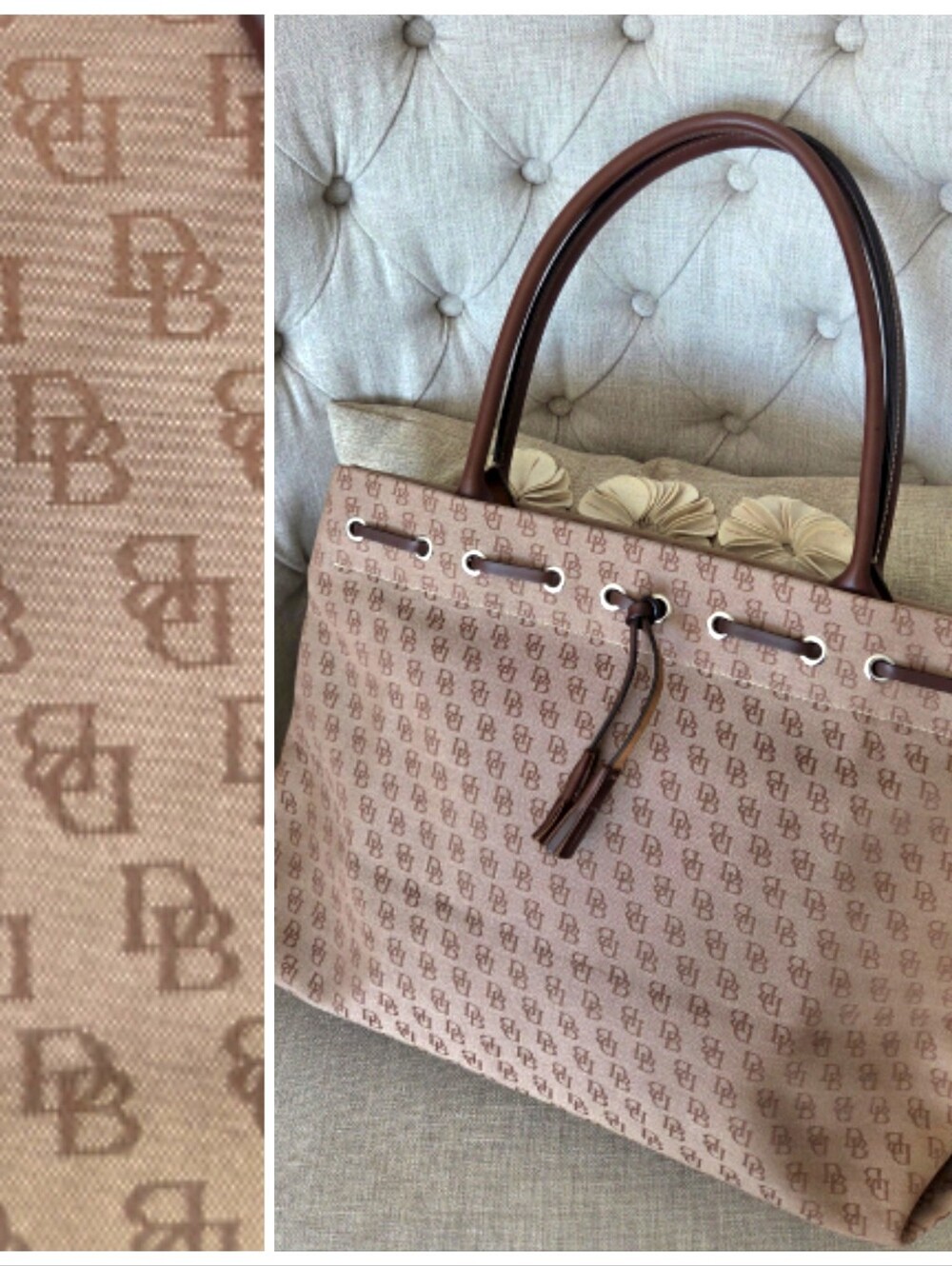 Dooney & Bourke Top Handle Leather Canvas Brown Monogram Shoulder Bag Purse VTG